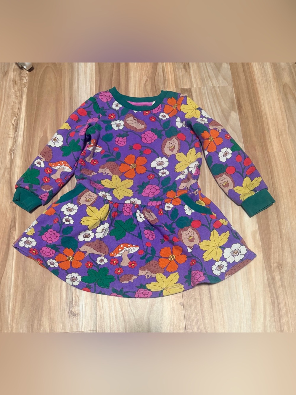 Mini Boden Purple Floral & Hedgehog Print Long Sleeve Dress